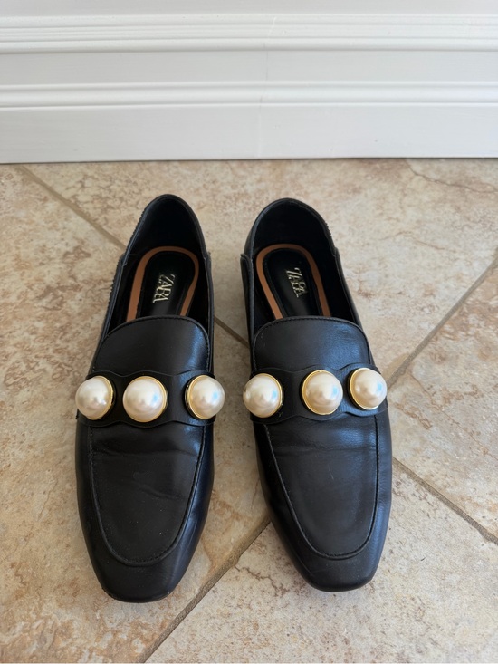 Zara Shoes - ZARA Black Leather Loafers with Pearl Accent